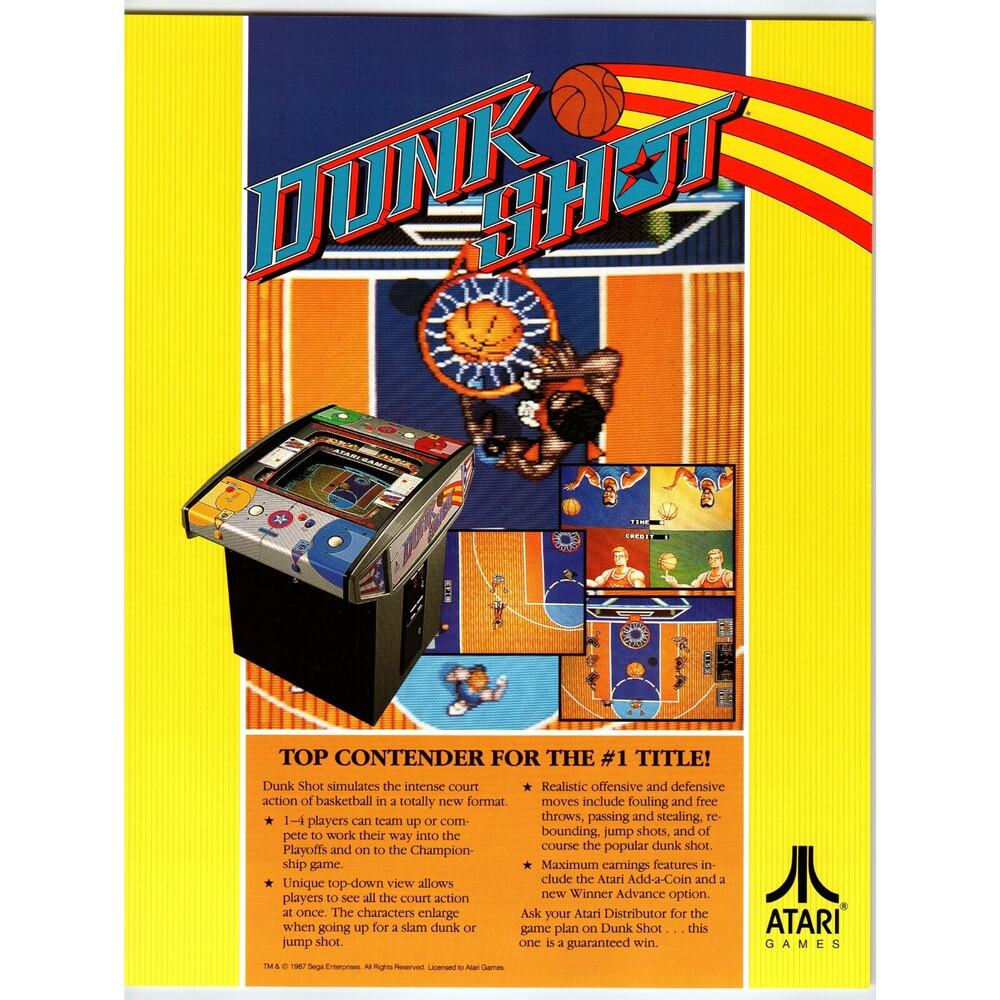 Dunk Shot Basketball Video Arcade Game Flyer 1987 Retro 8.5" x 11" Original